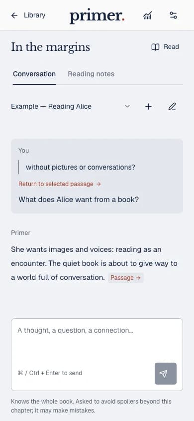 Mobile conversation with a retained Alice quotation, a reader’s question, and an example reply with a passage citation.