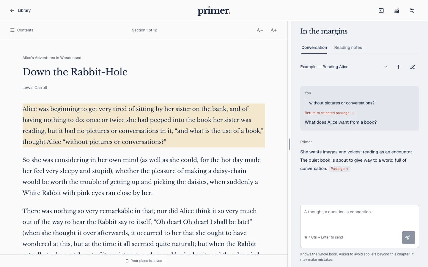 Alice’s Adventures in Wonderland beside an example conversation. The reader’s question retains a quotation, and the reply links back to the passage.