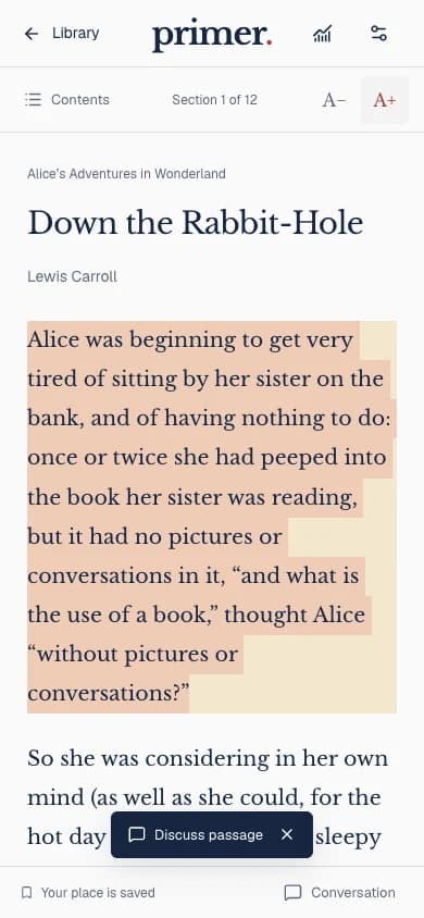Actual mobile Alice reader with a passage selected and the Discuss passage control ready.